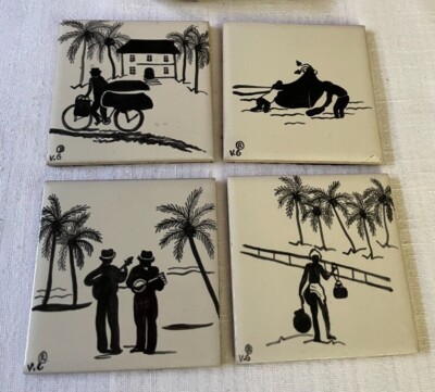 Velha Goa Hand-painted Ceramic Tile Coasters, Set of 8, Square: 4''x4''