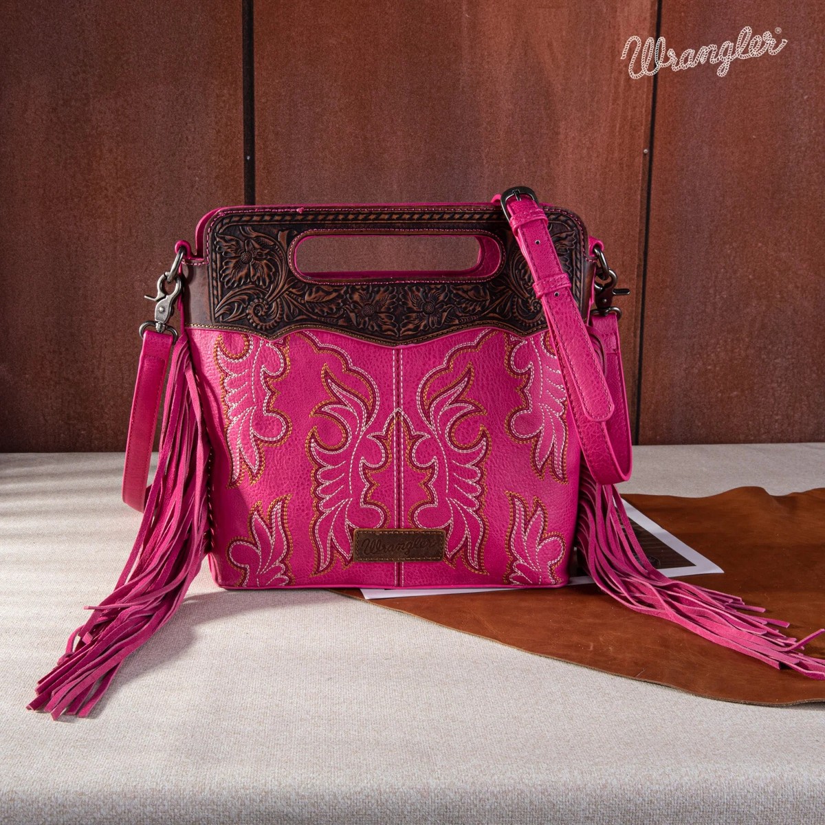 Wrangler Top Handle Carry Satchel/Laptop Bag/Backpack/Crossbody Dark Pink WG110-G2010 Wrangler Top Handle Embroidered Fringe Tote  main image 2