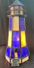 Tiffany Style Stained Glass Lighthouse Lamp Nightlight  Cobalt Blue & White 9"