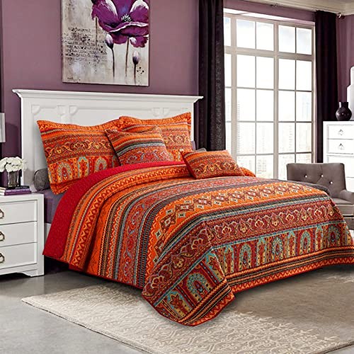 Cotton Quilt King Size Bedding Set - 3 King (98" × 106") Striped Red/Orange - Foto 2 di 6