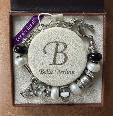 Bella Perlina schwarz und silber Armband mit Boot Charm - Brandneu mit Box