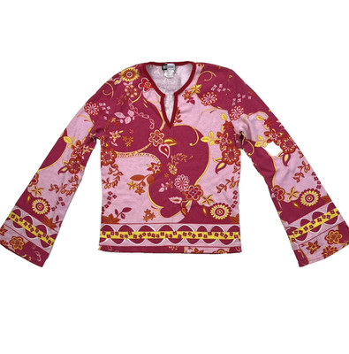 Vtg Y2K Womens Top Pink/Yellow Floral Fairy Bell Sleeve Boho Groovy Knitworks