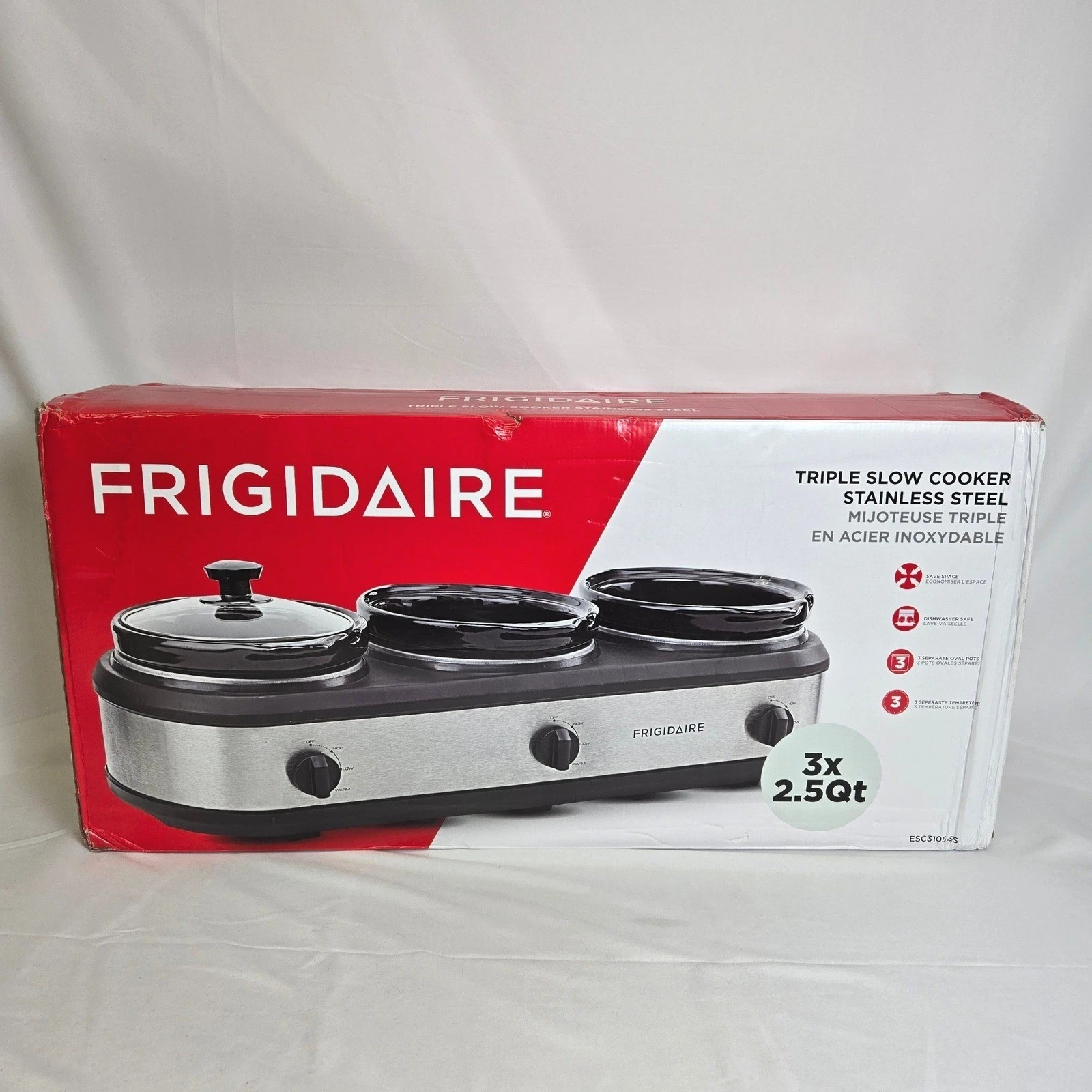 Frigidaire Triple Slow Cooker Stainless Steel, 3X 2.5QT, ESC3105-SS, Open Box