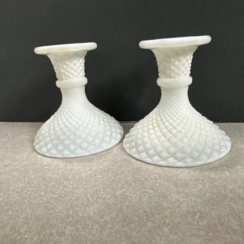 Vintage Westmoreland English Hobnail Diamond pair of candlesticks 4”