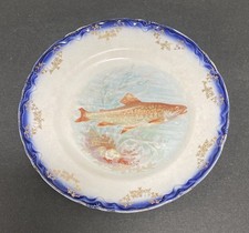Antique Flow Blue Ceramic Trout Fish Plate 7 3/8 Floral Gold Gilt Scallop Trim