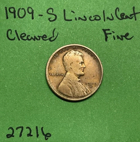 1909-S Lincoln Wheat Cent / Penny 1c Cleaned Fine Better Date
