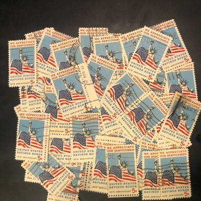 Postage Stamps For Crafting: 1966 5c Statue of Liberty/Flag; Multi; 50 Pieces