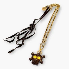 PRADA Skull Necklace Saffiano Leather Rhinestone Gold Chain Brown Yellow NNCm86