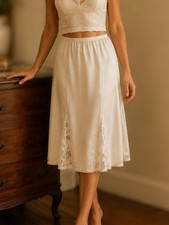 Vintage Ivory Nylon Tricot Half Slip with Floral Lace Godet Panels