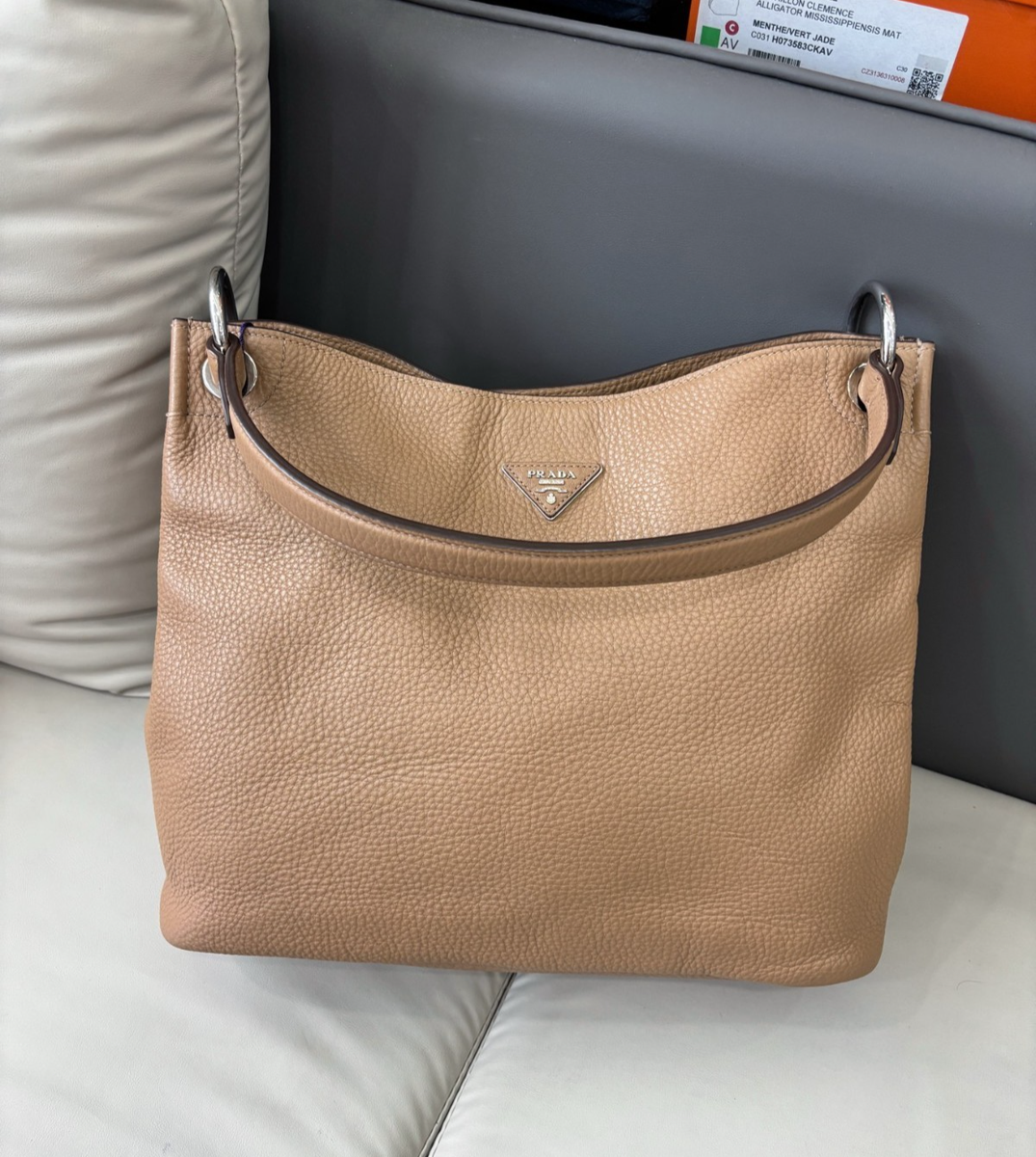 Prada Vitello Daino Calfskin Hobo Shoulder Bag Milky Tea Brown 