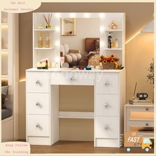 Makeup Vanity Desk Set with Mirror and Lights Vanity Table with 7 Drawers White