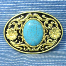 Western Floral Belt Buckle Scroll Flourish Blue Mount Cowboy Vtg 90s   .TWY726