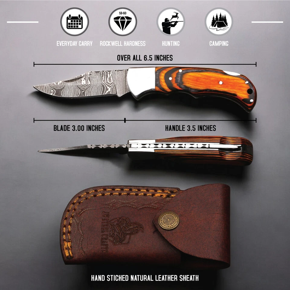 Personalized Damascus Folding Pocket Knife – EDC Blade, Leather Sheath - Image 4 of 4