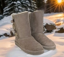 BEARPAW ELOISE YOUTH GIRLS US 5 LINED WINTER BOOTS STONE GRAY FAUX FUR WARM CUTE