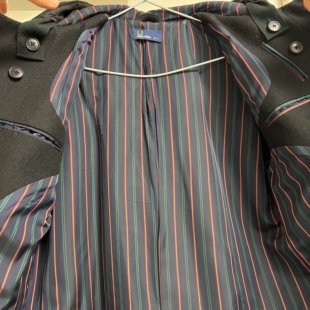 Fred Perry Wool Duffel Coat color Black Striped Lining Size L