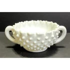 Vtg Fenton Hobnail Milk Glass Handled Sugar Dish w/ Crimped Edges 2.5"H x 5" Dia