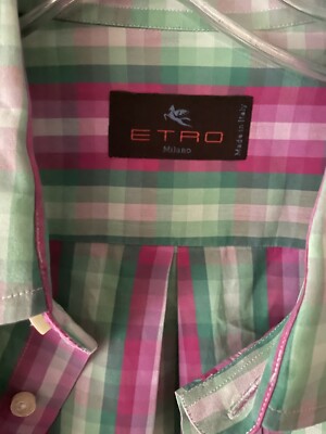 Chemise Vintage Etro Milano - Taille 44/XL - Céleste Rayé - Coton - Italie - Occasion Parfaite