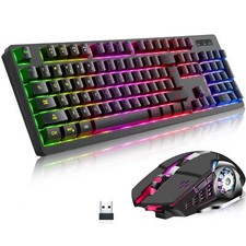 Wireless RGB Gaming Keyboard and Mouse - Rechargeable RGB Backlit Keyboard Mo...
