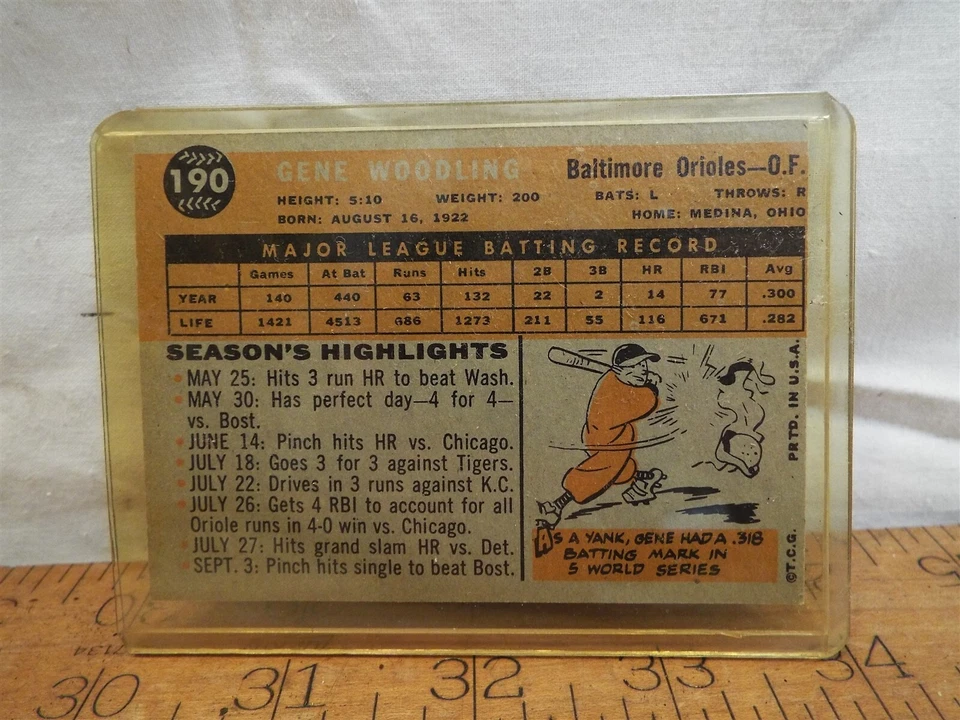 1960 Topps Gene Woodling Baseball Card Baltimroe Orioles #190 TCG - Image 4 of 4