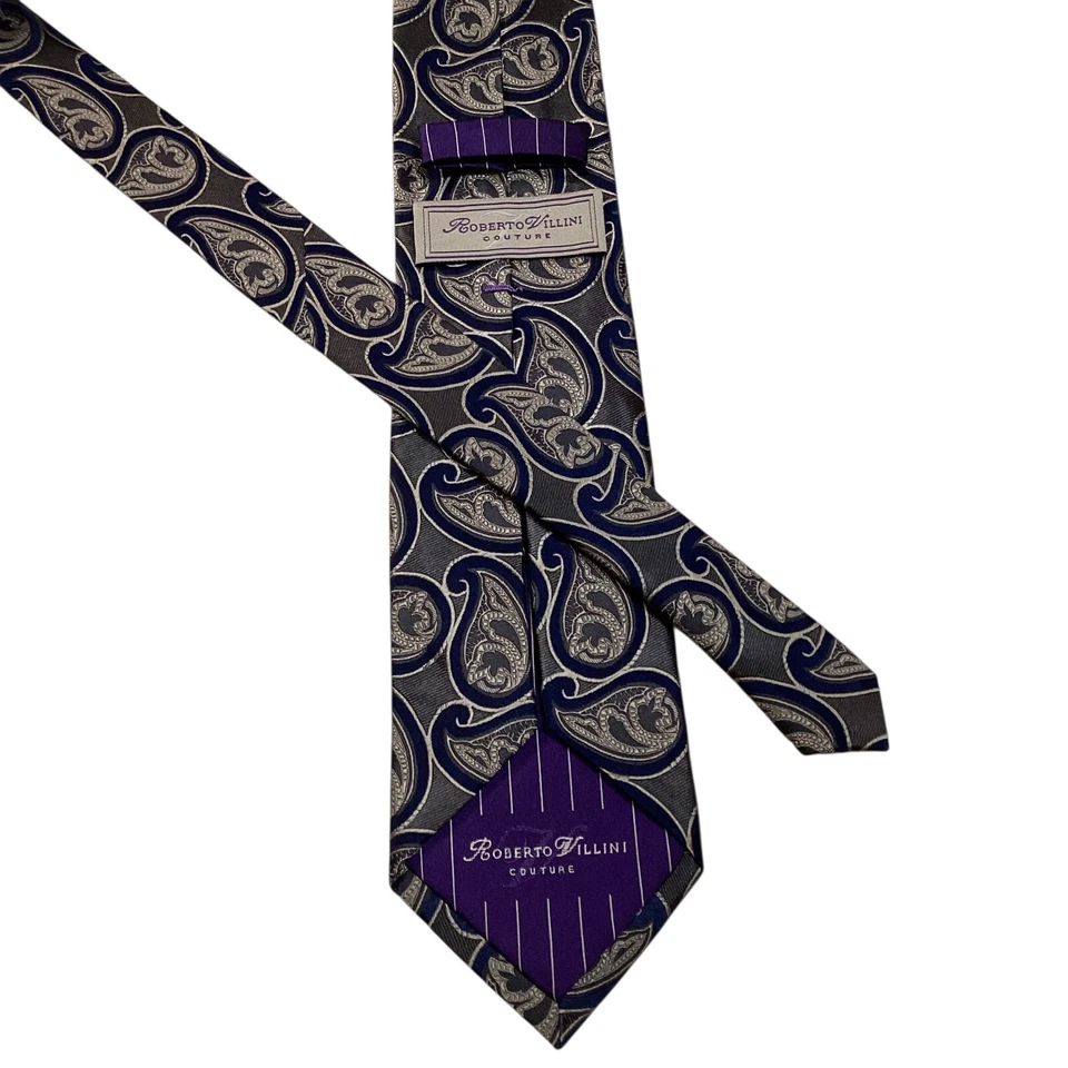 Corbata de seda de diseñador ROBERTO VILLINI Couture SEVENFOLD PAISLEY gris/azul usada en excelente estado Foto 3 de 4