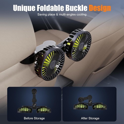 Car Fan for Backseat 3 Speeds Rotatable USB Dual Head Cooling Fans for Kids Baby - Picture 6 of 11