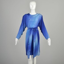 XL 1980s Blue Silk Dress Long Sleeve Hand Painted Loose Elegant Mini