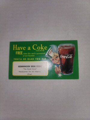 #ad Vintage 1950#x27;s Have a Free Coke Cola business advertising card Hemmingsen Rx $10.00