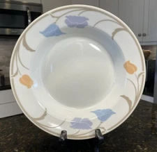 Dansk Tivoli Belles Fleurs 8.75” Soup Pasta Bowl Peach Blue Flowers Taupe Rim