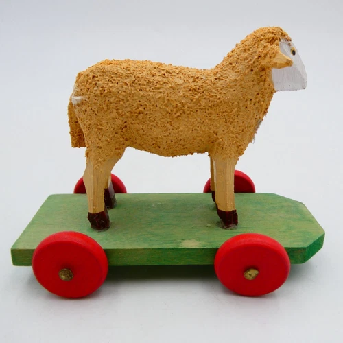 Erzgebirge Small Sheep on Wheels Toy Figure Lotte Sievers Hahn Germany Handmade