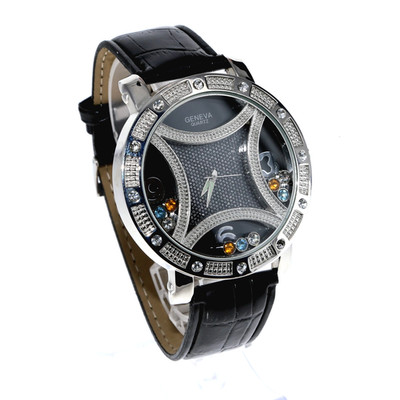 Hip Hop Men's Floating Multi-Color Stone, Silver Tone Leather Band Watch