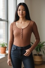 Aerie Women s Brown Jersey Long Sleeve Scoop Neck Bodysuit Size Medium
