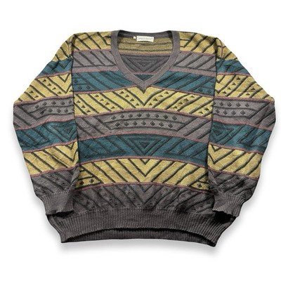 Umberto Fossati Jumper Mens 2XL Yellow Wool Blend Fair Isle Grandad Sweater VTG