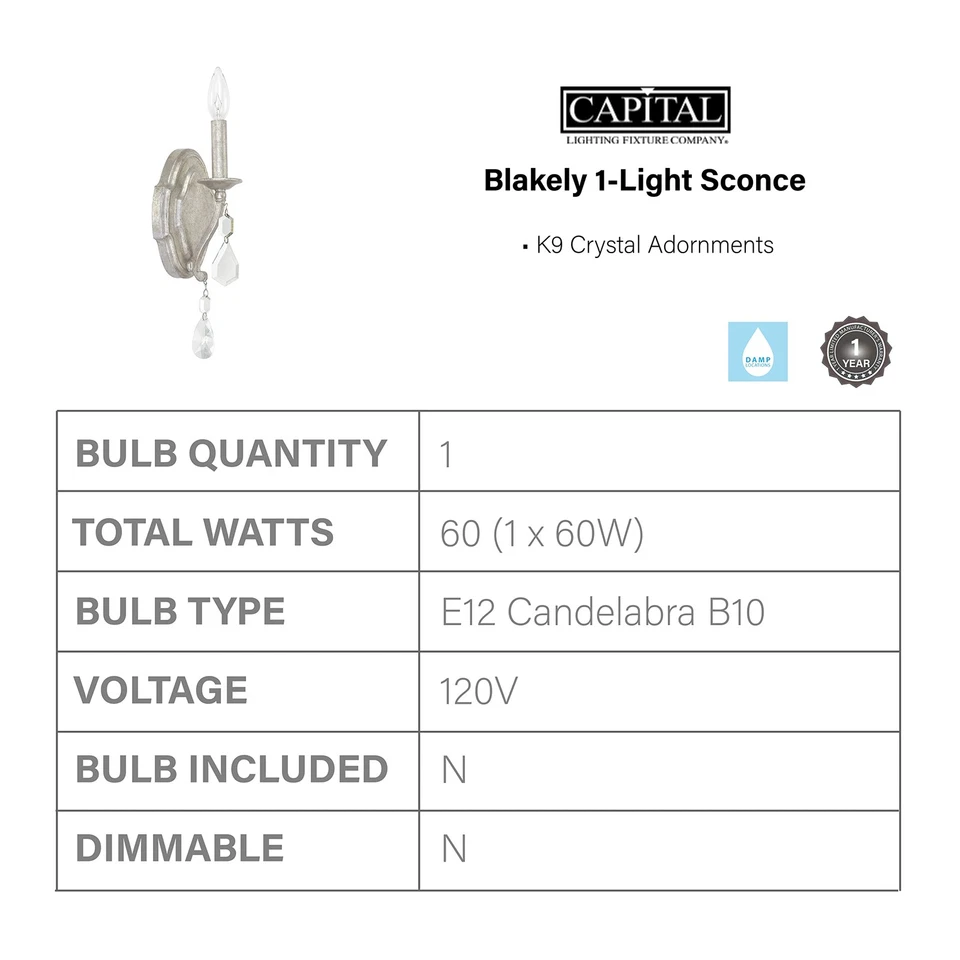 Aplique de pared de cristal 1616AS-CR Blakely K9, 1 luz 60 vatios, 13" H x 5" W, anti... Foto 3 de 3