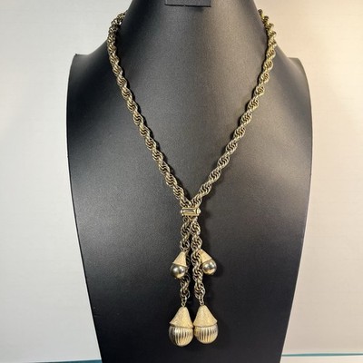 Vintage Large Gold Tone Lariat Necklace Twisted Rope Chain Acorn Metal Beads