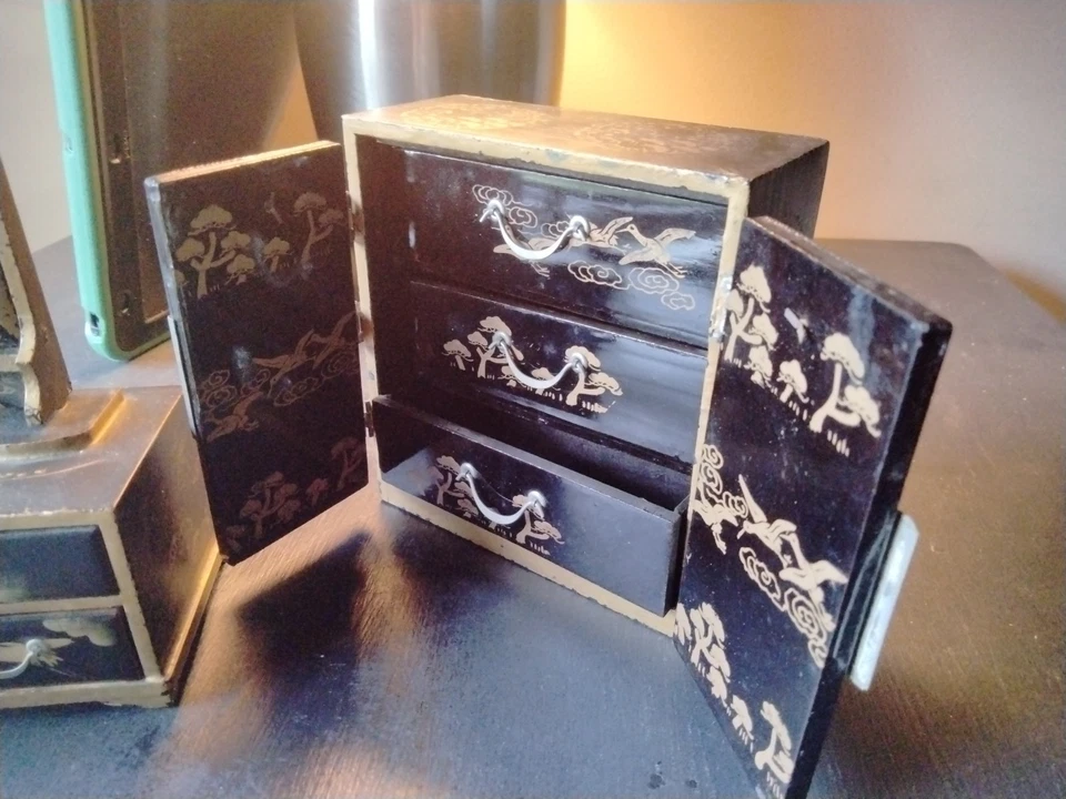 Antiguo cofre japonés de 3 cajones con soporte de espejo tocador Tansu con sección secreta  Foto 3 de 4