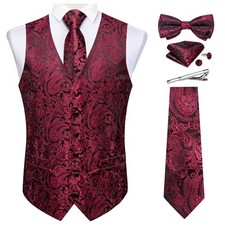 Men's Silk Paisley Vest and Necktie Set 6PCS Pre-tied Bow 3X-Large Burgundy