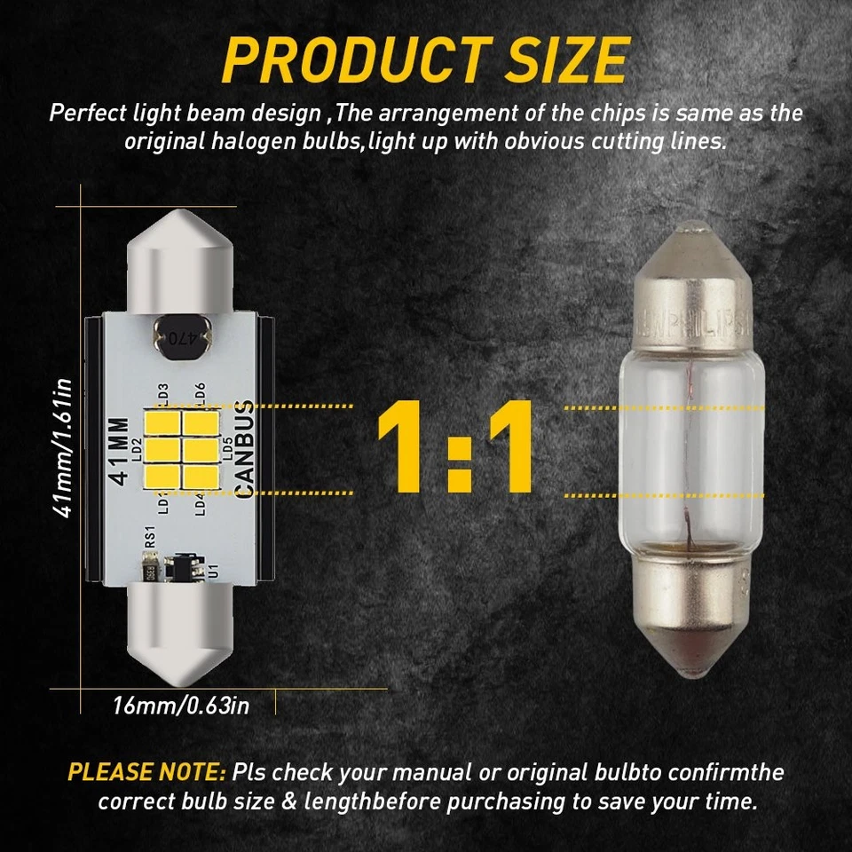 NUEVO Auxito Xenón Blanco Mao LED Domo Lámparas 41MM 42MM 212-2 578 211 Canbus Foto 3 de 4