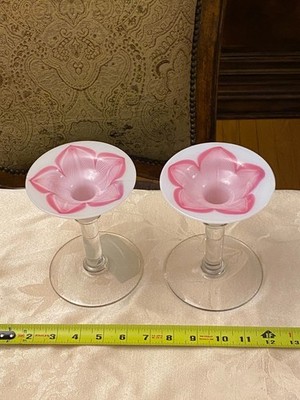 Pair 2 Libbey Glass Candlestick Holders Grover Plate White Pink Flower Feather