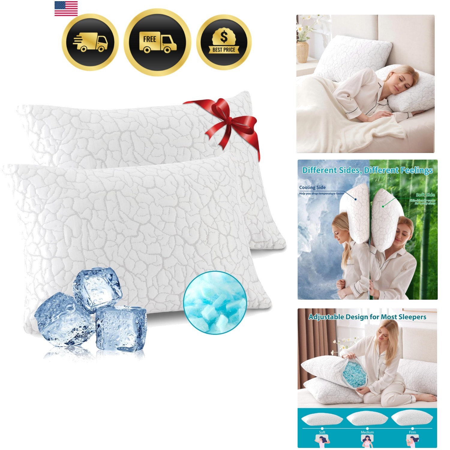 For Sleeping 2 Pack, Adjustable Shredded Memory Foam Pillows ...