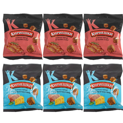 Kirieshki Rye Croutons Variety Pack 6 x 40 g   Bacon & Ham Cheese Flavors