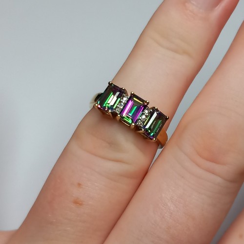 9CT YELLOW GOLD MYSTIC TOPAZ & DIAMOND EMERALD CUT TRILOGY CLUSTER RING SIZE M - Picture 20 of 21