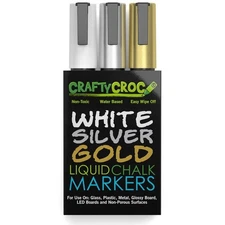 Metallic Chalk Markers, Gold Silver White - 3 Pack, Medium Tip 6mm, Wet Erase...