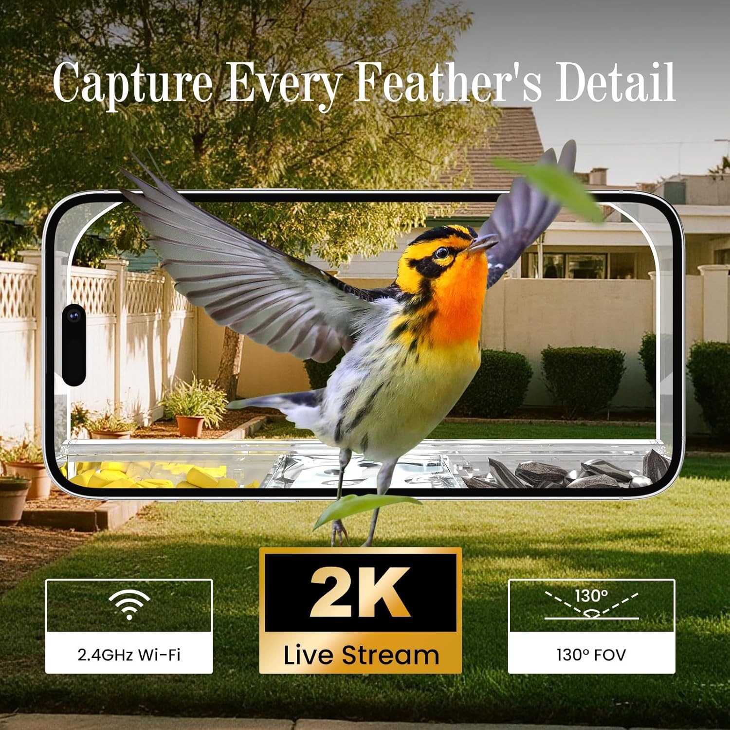 Smart Window Bird Feeder Camera with AI, Modern Design for Panoramic Views, 2K H