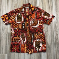 VTG Tohki Hawaii 70s Tribal Mask Pattern Tiki Shirt Button S/M Retro Barkcloth