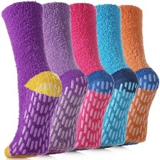 Non Slip Fuzzy Socks with Grips - Women's Hospital Slipper Socks 5 Pairs Mul...
