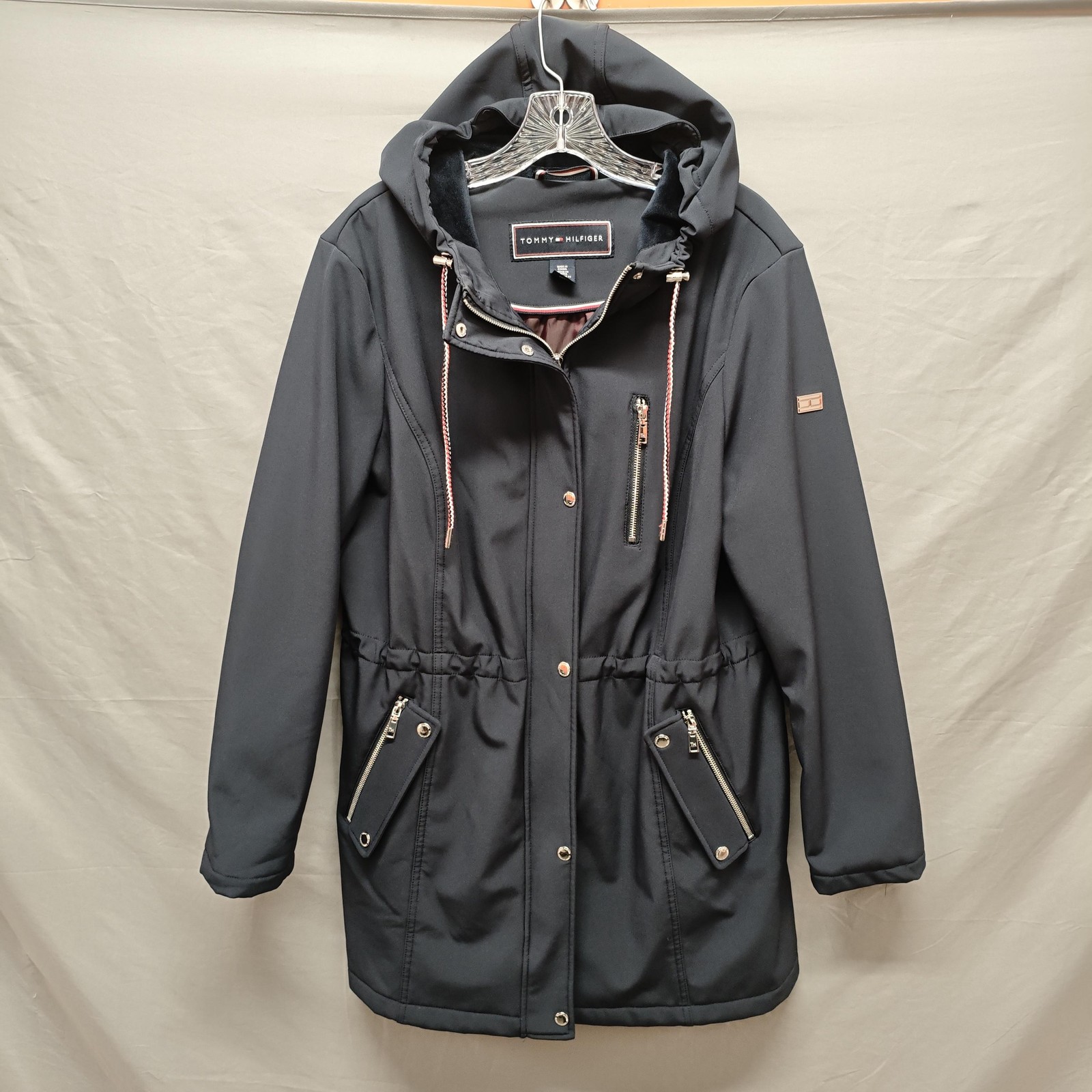 Tommy Hilfiger Jacket Womens XL Black Hooded Parka Coat Zip Pockets Anorak