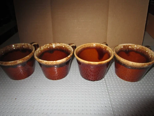 VINTAGE HULL BROWN DRIP GLAZE POTTERY SET OF 4 COFFEE CUPS--3" TALL--MARKED HULL