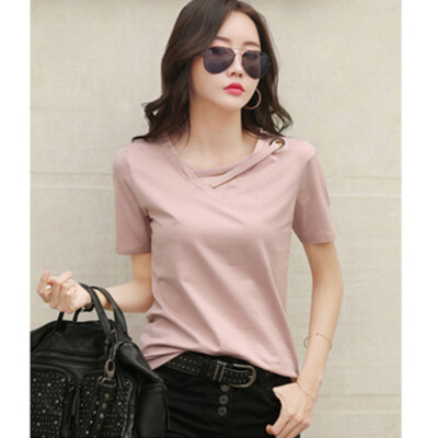 Damen V-Ausschnitt Locker Freizeit Sommer T-Shirt Camiseta De Mujer Camisas Moda Blusa