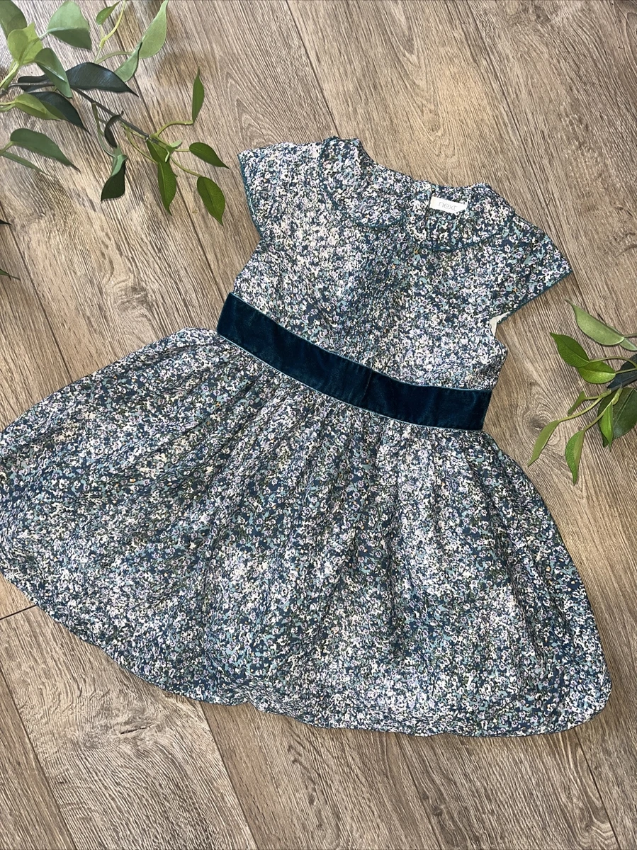 NEXT green floral velvet waistband party occasion dress age 2 3