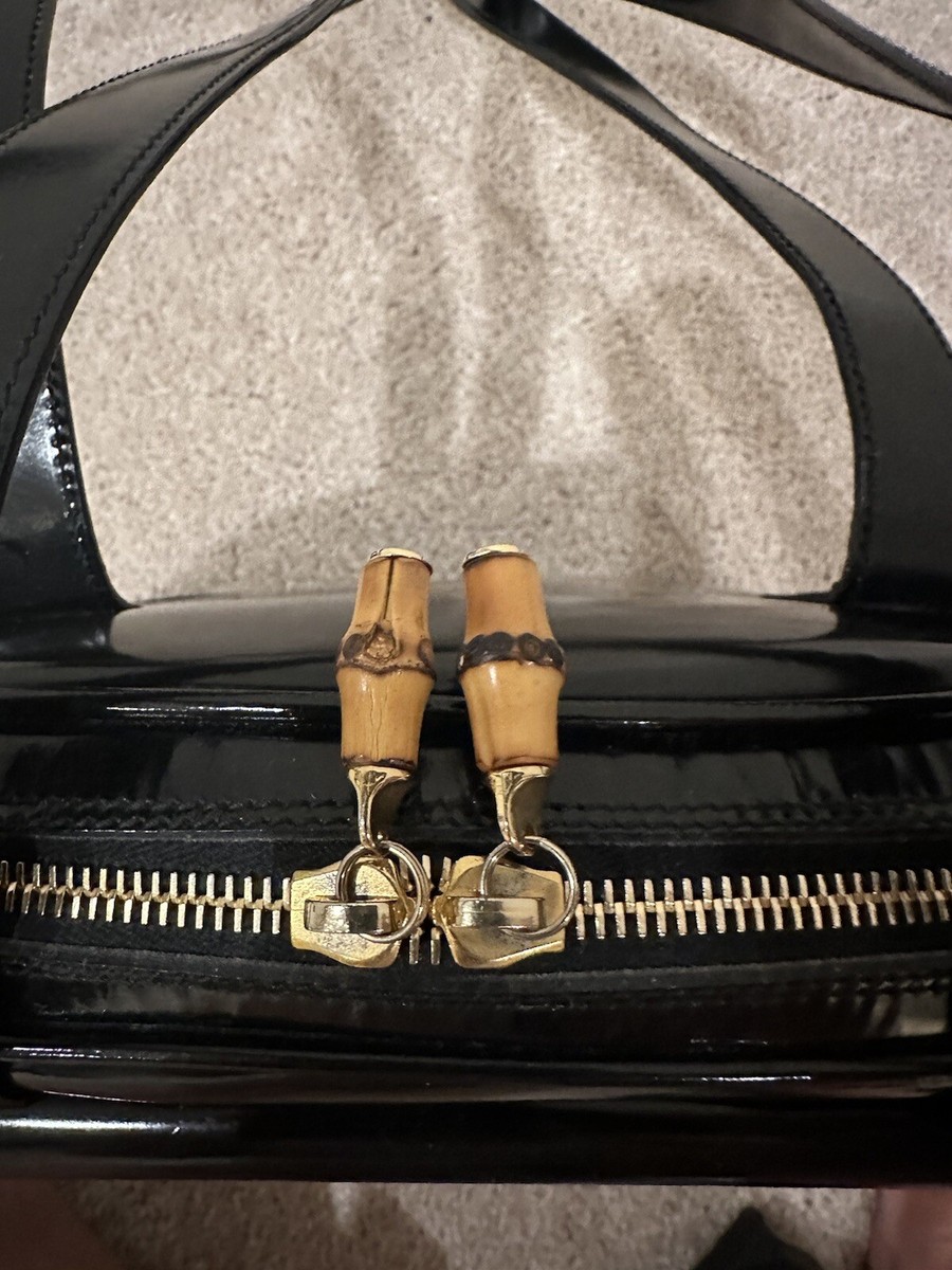Gucci Bamboo Bamboo Zipper Black Patent Leather Handbag Gucci Bamboo Bamboo Zipper Black Patent Leather Handbag